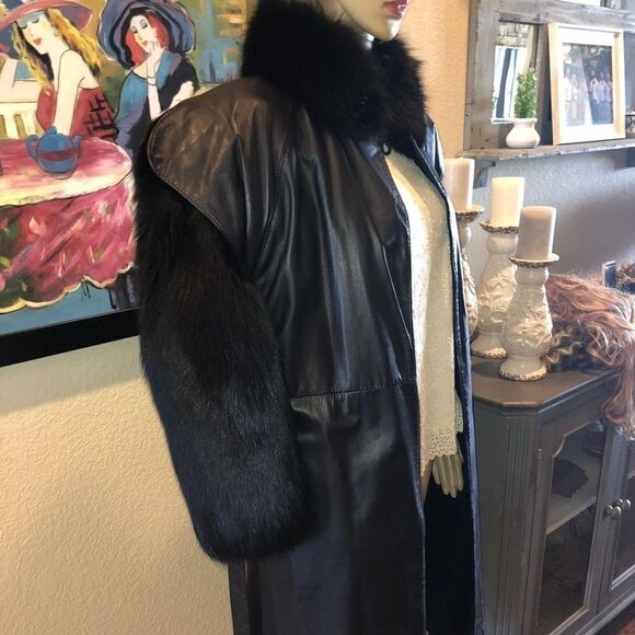 Fashionable Long Black Leather Coat with Black Fox - Picture 1 of 13